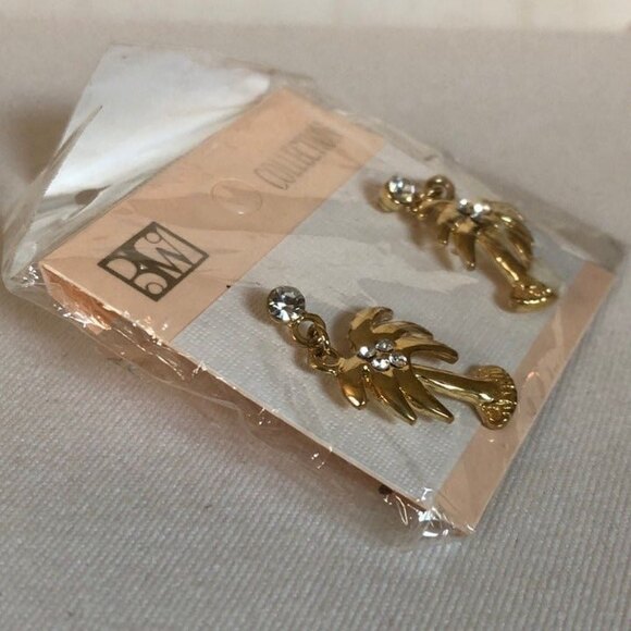 Palm Tree Earrings with Rhinestones Gold Tone NOC - Picture 2 of 5